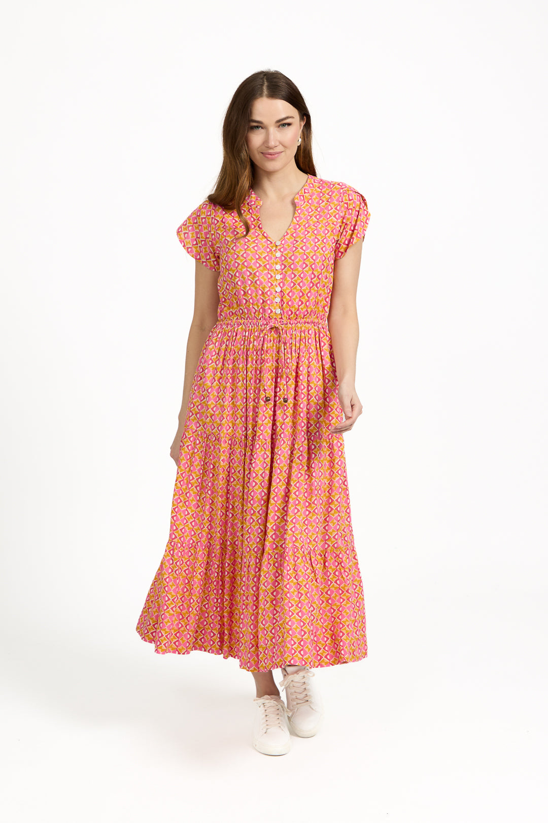 Geometric Print Tie Front Midi Dress