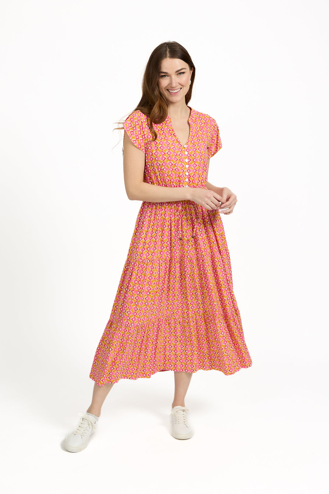 Geometric Print Tie Front Midi Dress