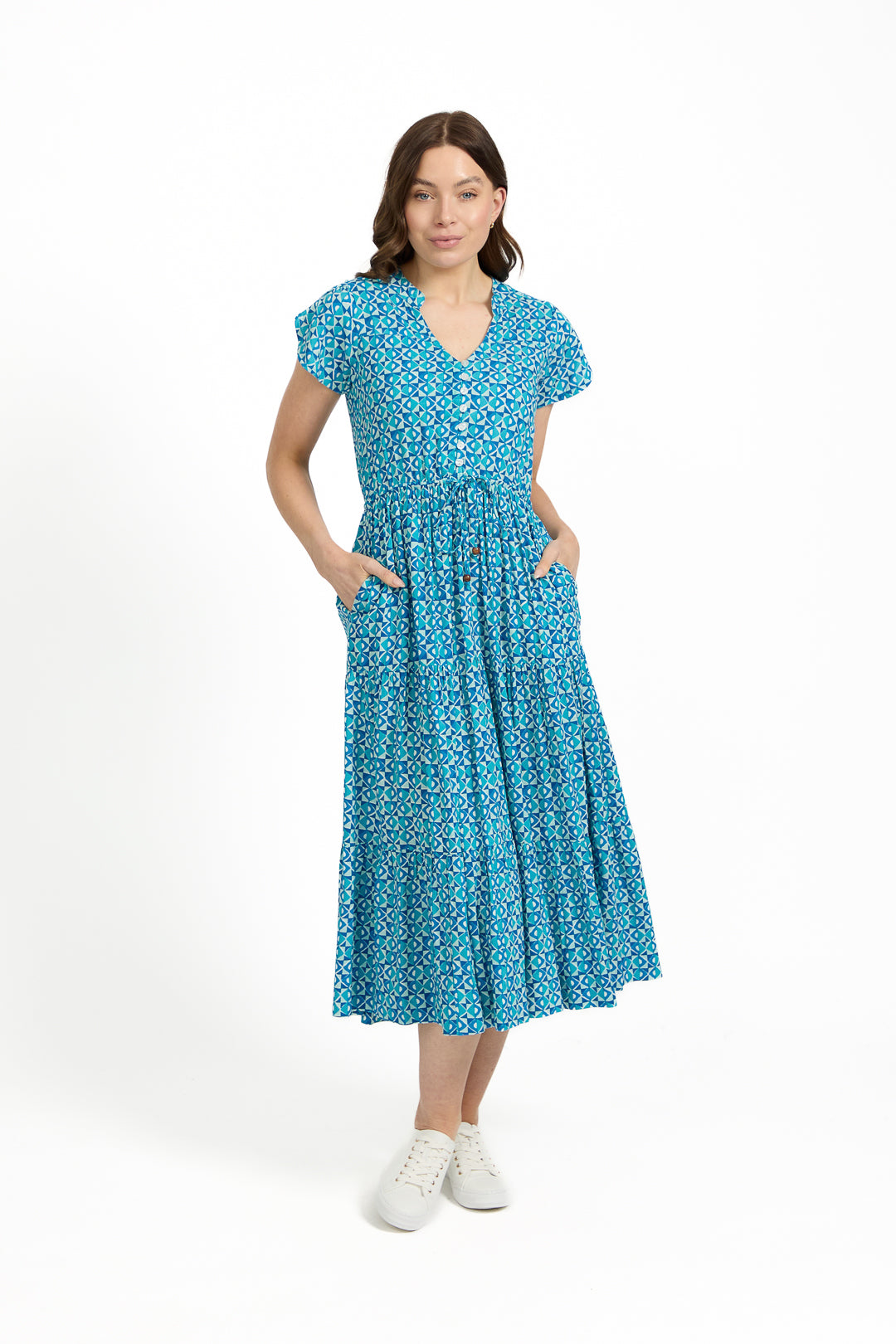 Geometric Print Tie Front Midi Dress