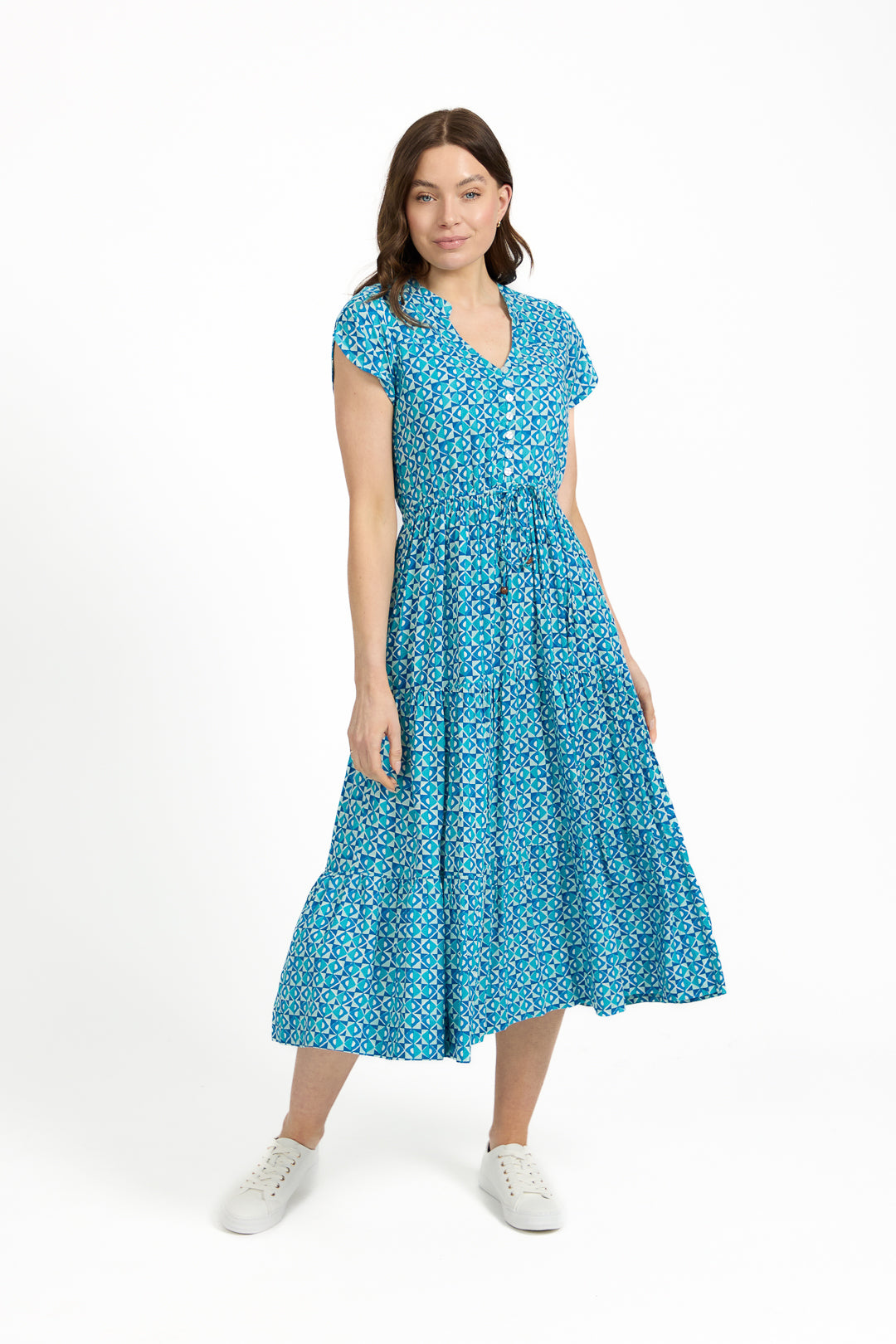 Geometric Print Tie Front Midi Dress