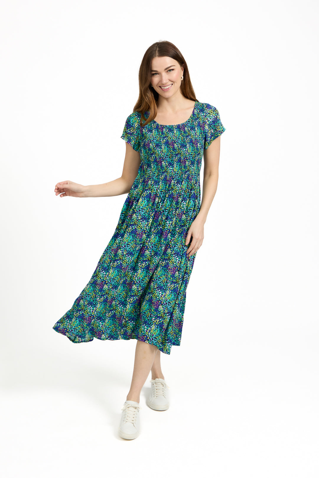 Dotty Print Shirred Bodice Midi Dress