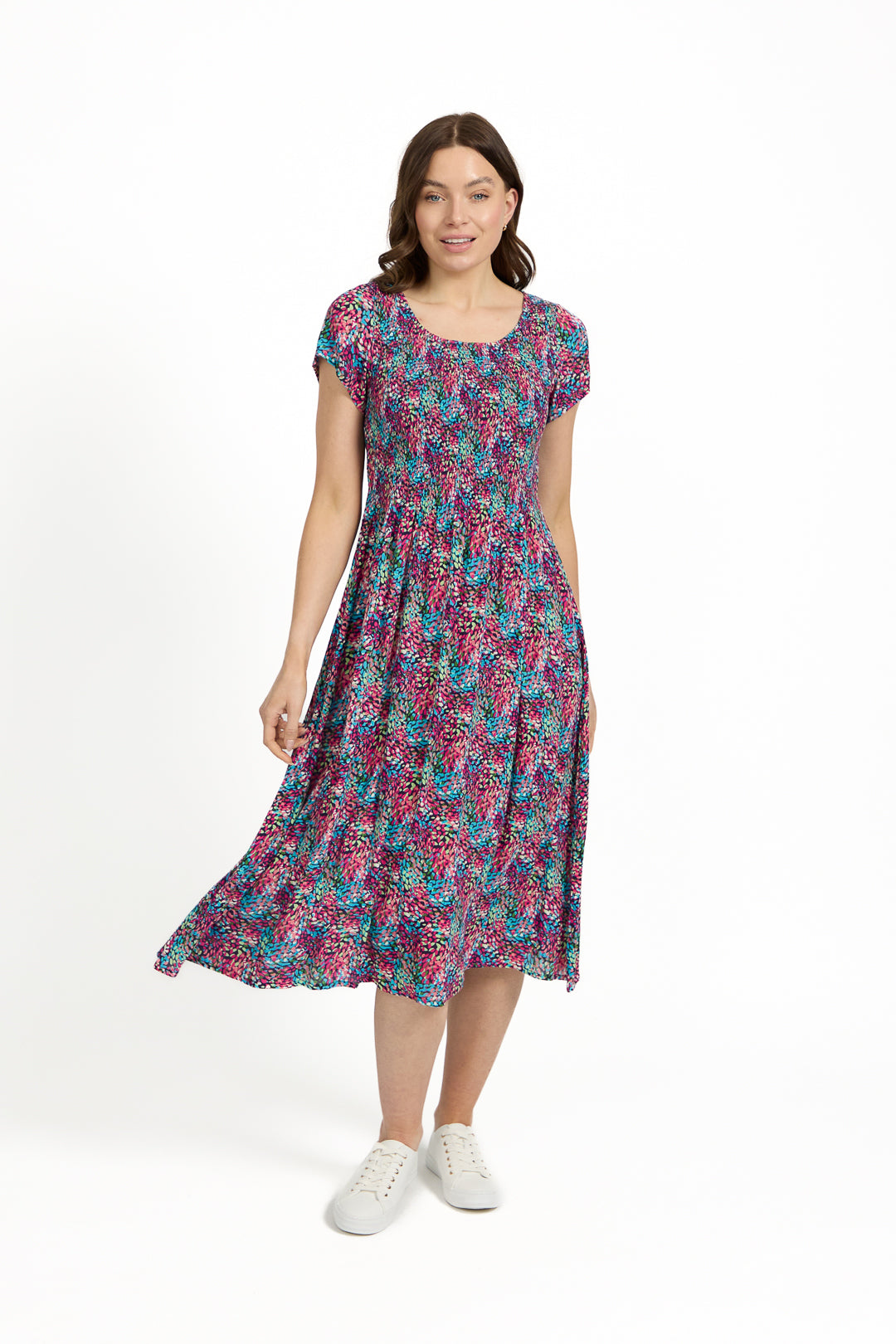 Dotty Print Shirred Bodice Midi Dress