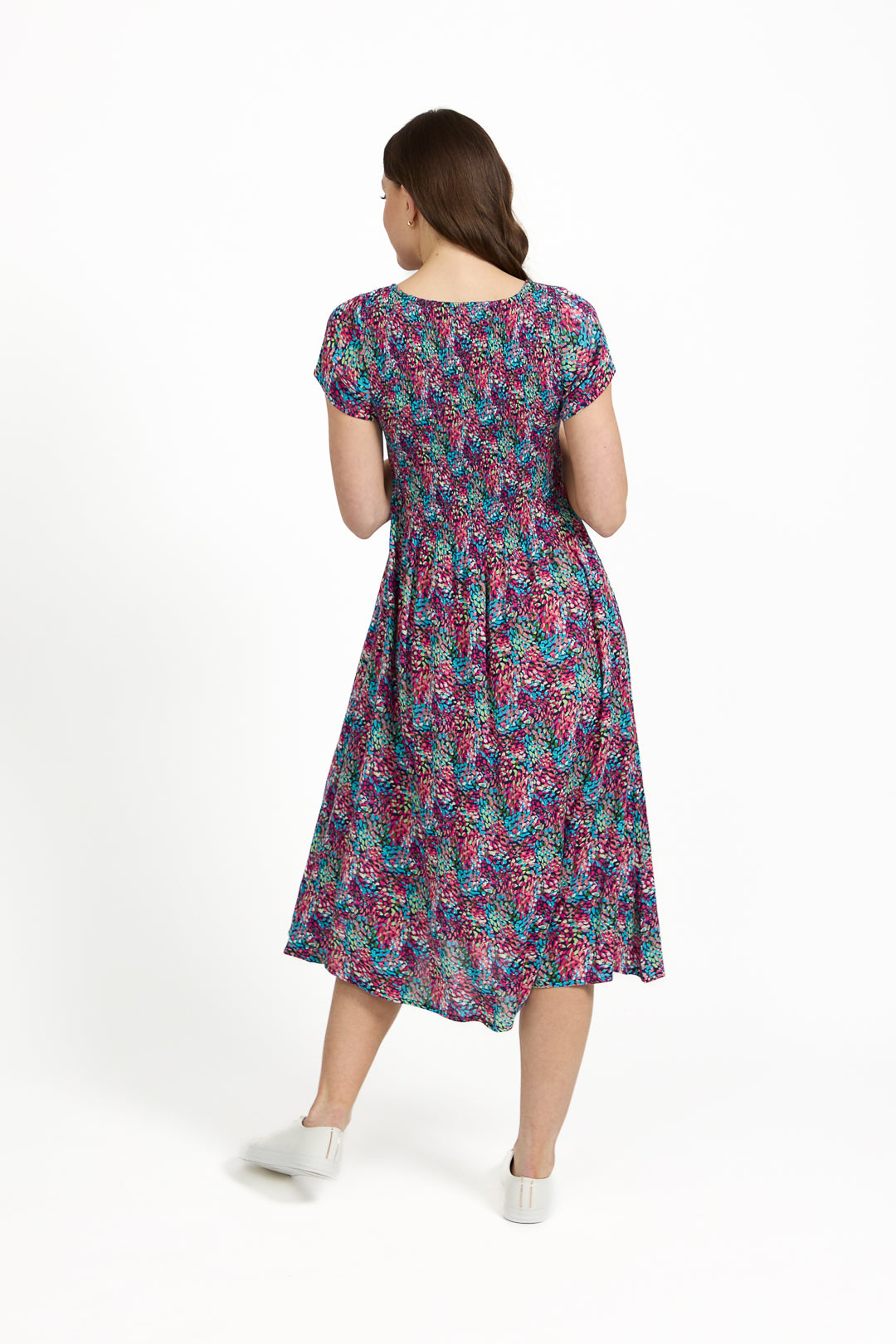 Dotty Print Shirred Bodice Midi Dress
