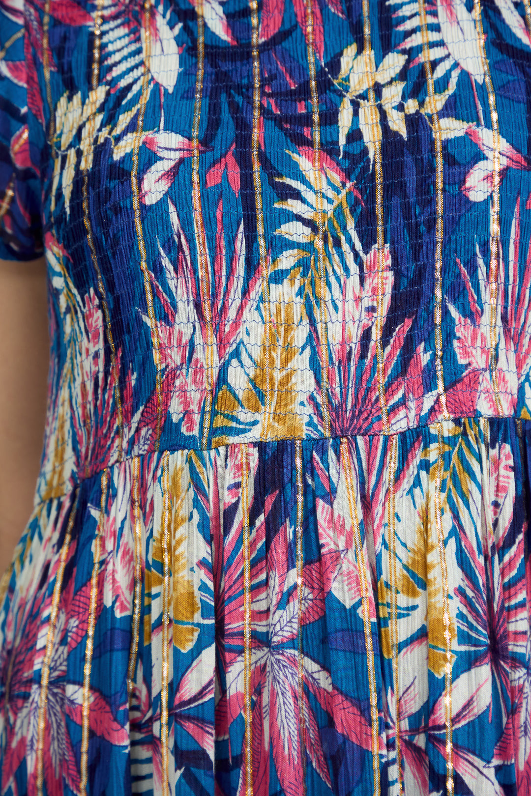 Leaf Print Shirred Bodice Midi Dress