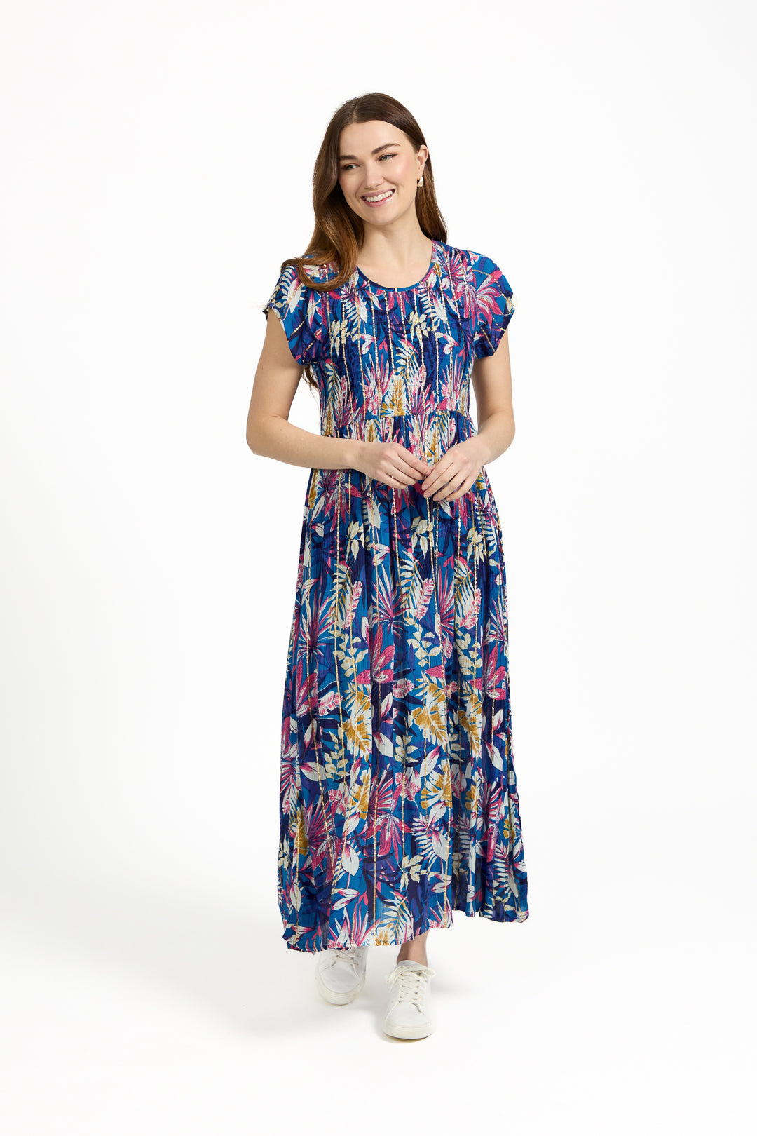 Leaf Print Shirred Bodice Midi Dress