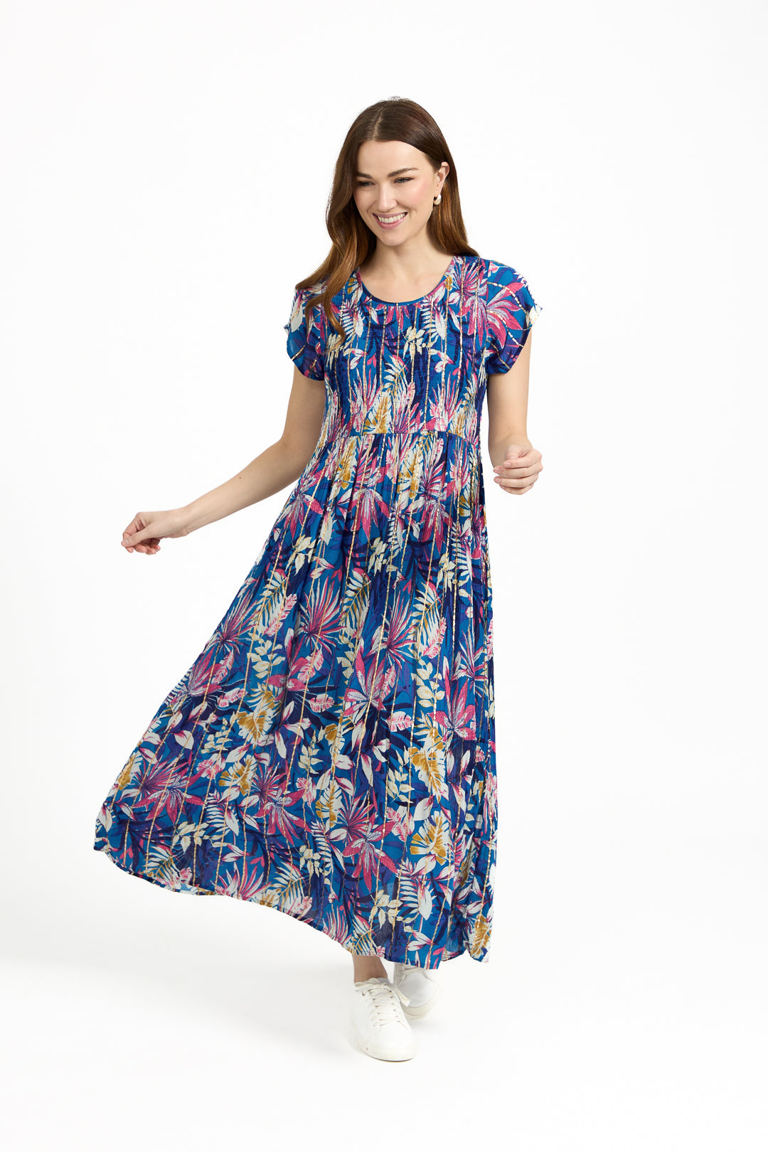 Leaf Print Shirred Bodice Midi Dress