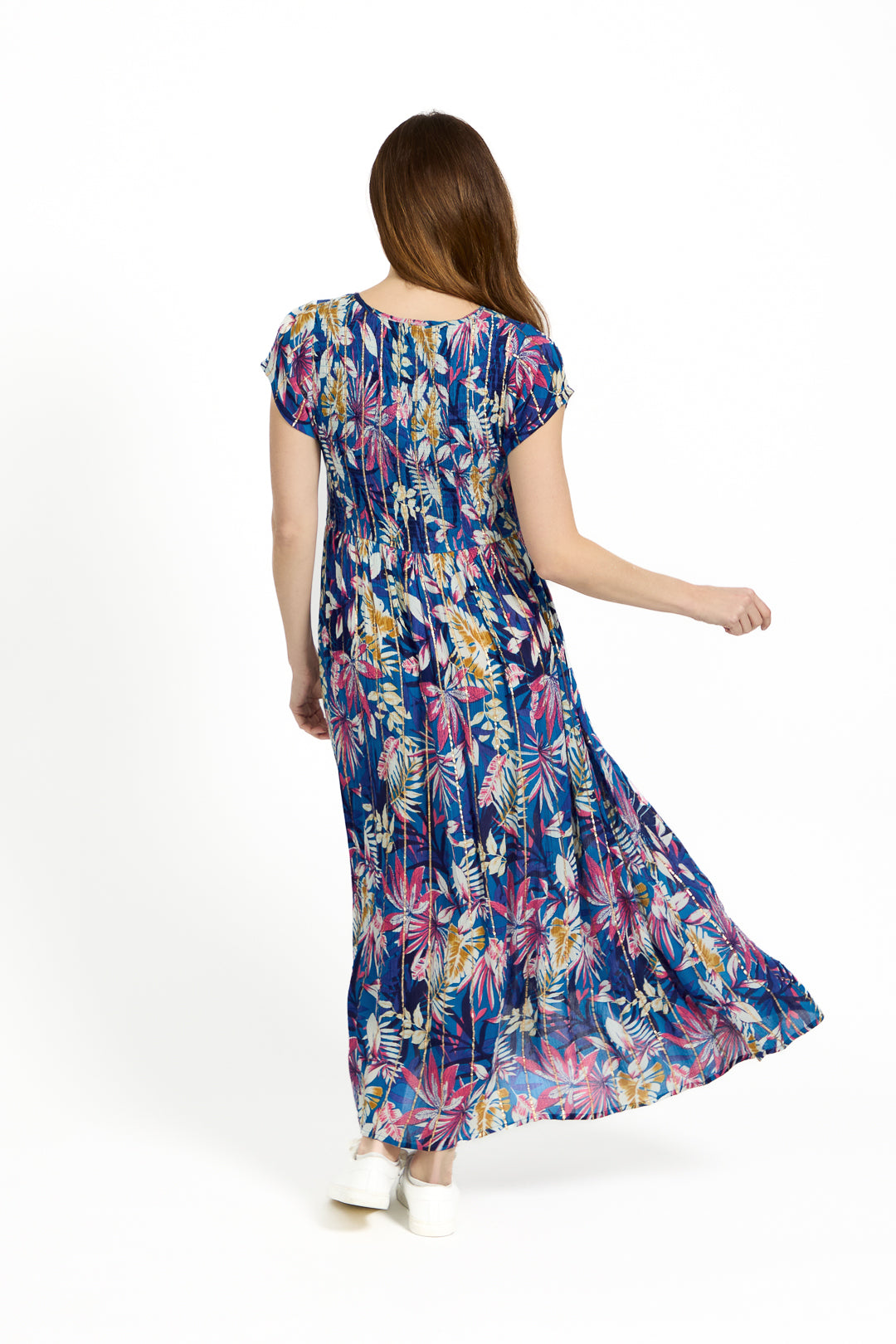 Leaf Print Shirred Bodice Midi Dress