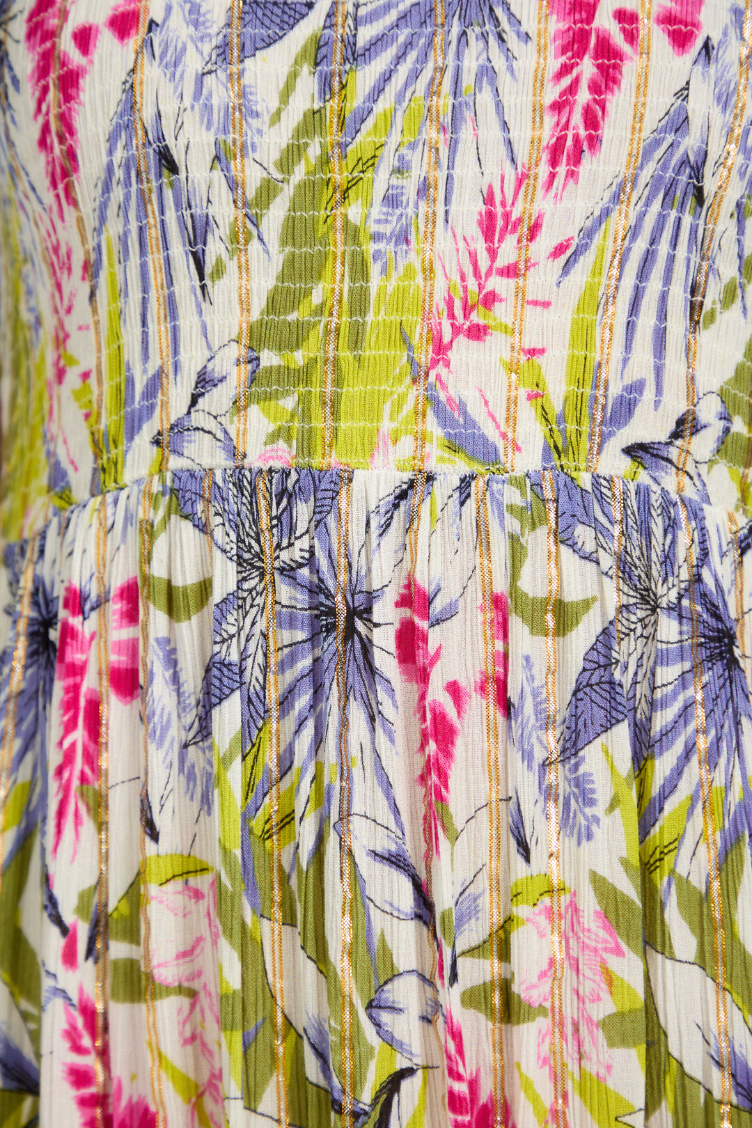 Leaf Print Shirred Bodice Midi Dress