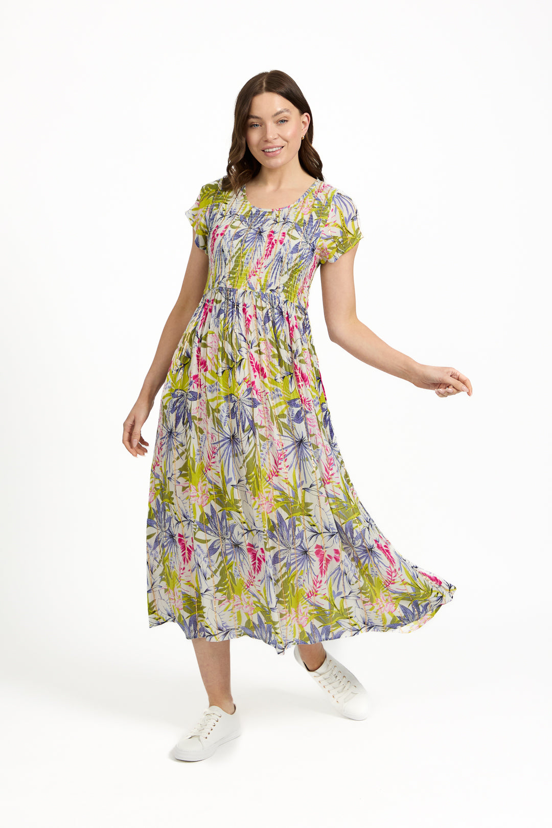 Leaf Print Shirred Bodice Midi Dress