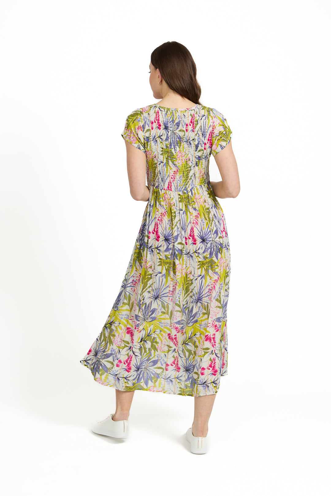 Leaf Print Shirred Bodice Midi Dress