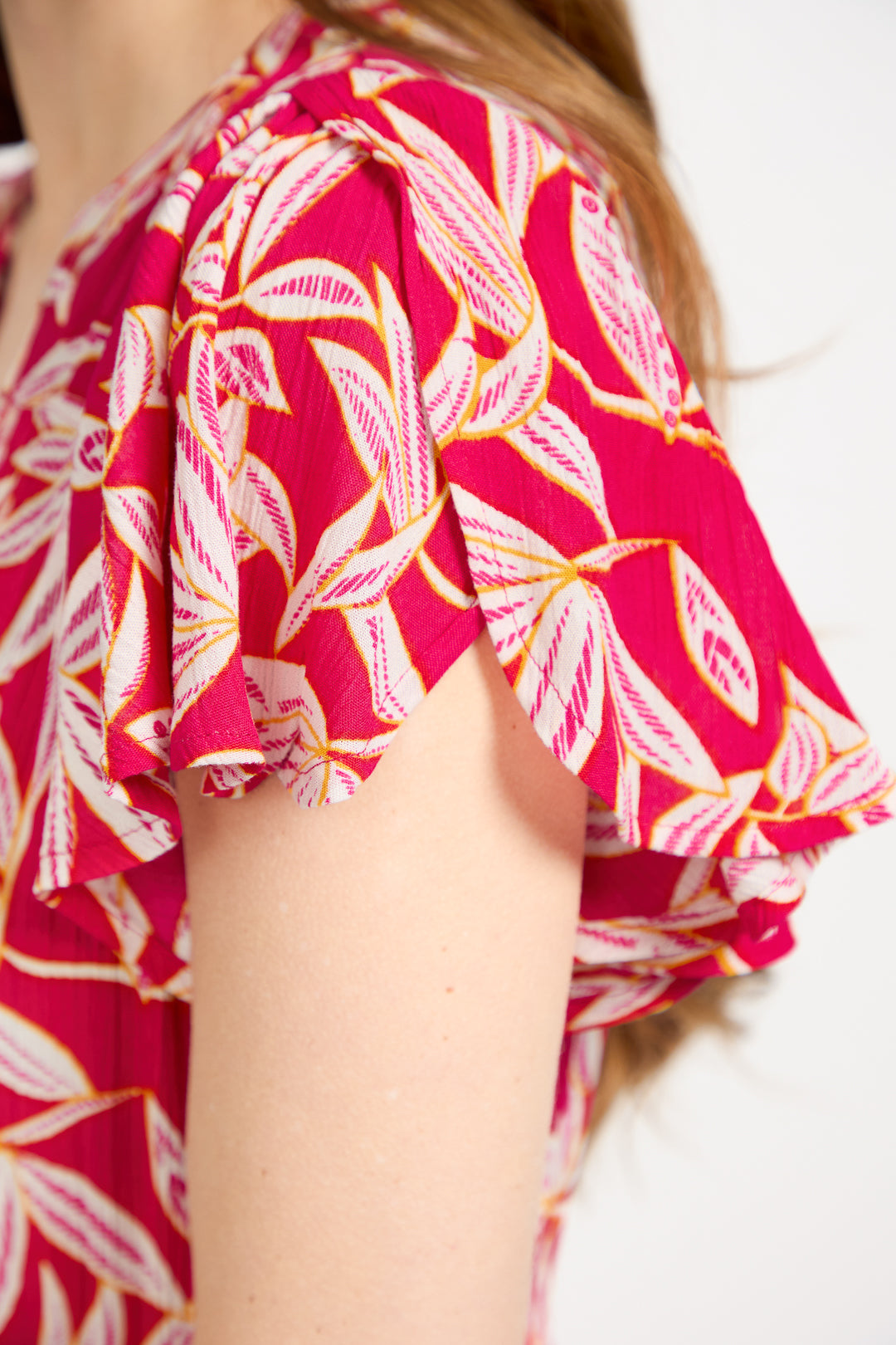 Leaf Print Button-Up Elasticated Tie-Front Flared Midi Dress