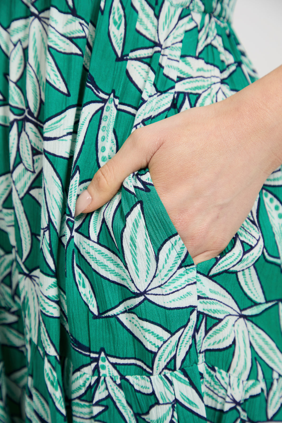 Leaf Print Button-Up Elasticated Tie-Front Flared Midi Dress