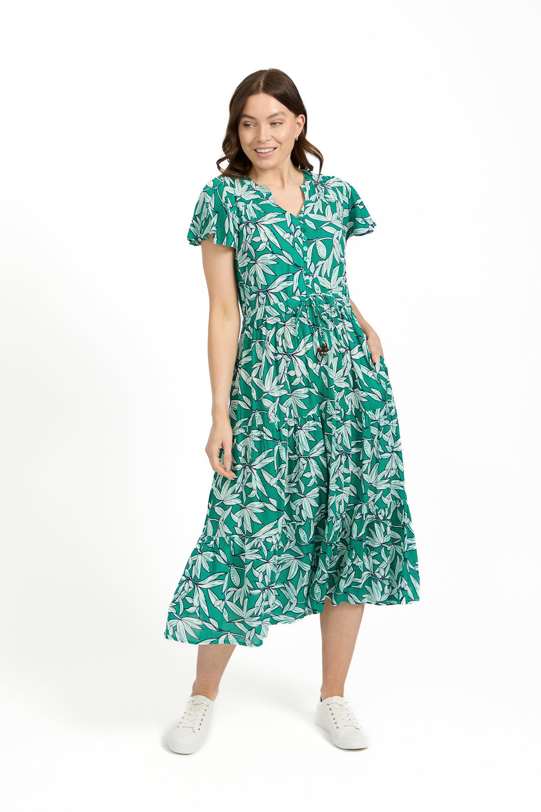 Leaf Print Button-Up Elasticated Tie-Front Flared Midi Dress