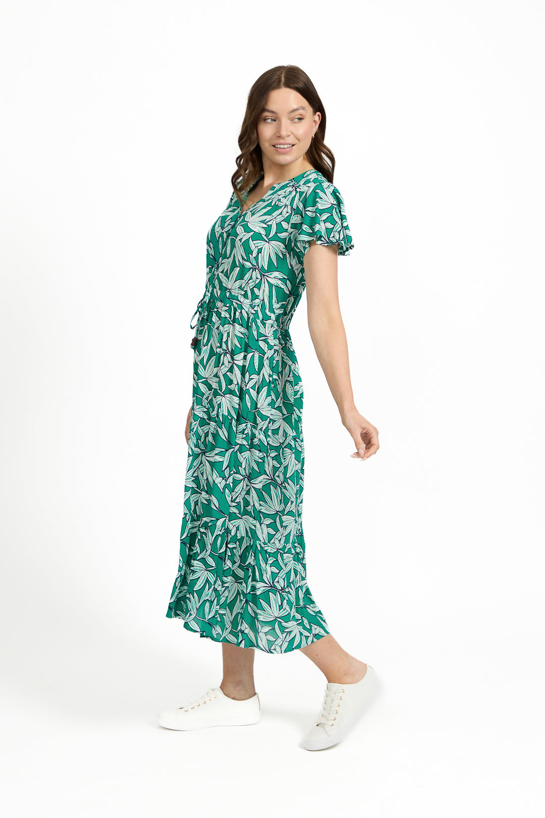 Leaf Print Button-Up Elasticated Tie-Front Flared Midi Dress