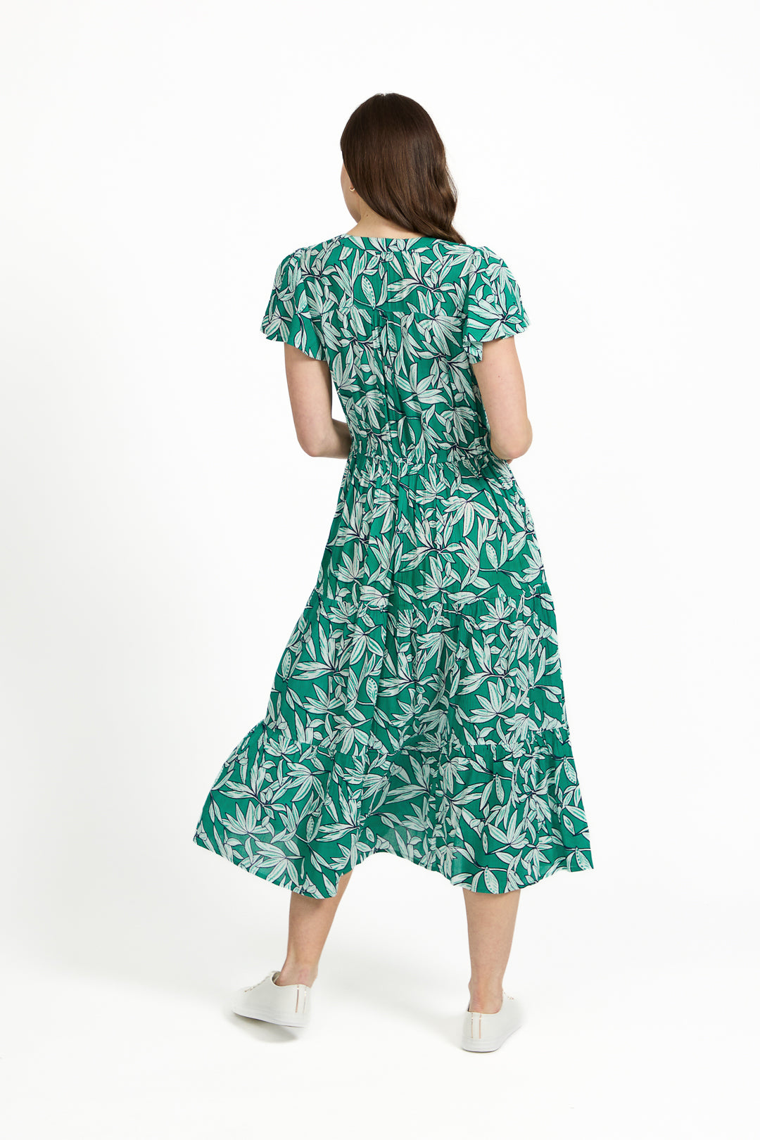 Leaf Print Button-Up Elasticated Tie-Front Flared Midi Dress