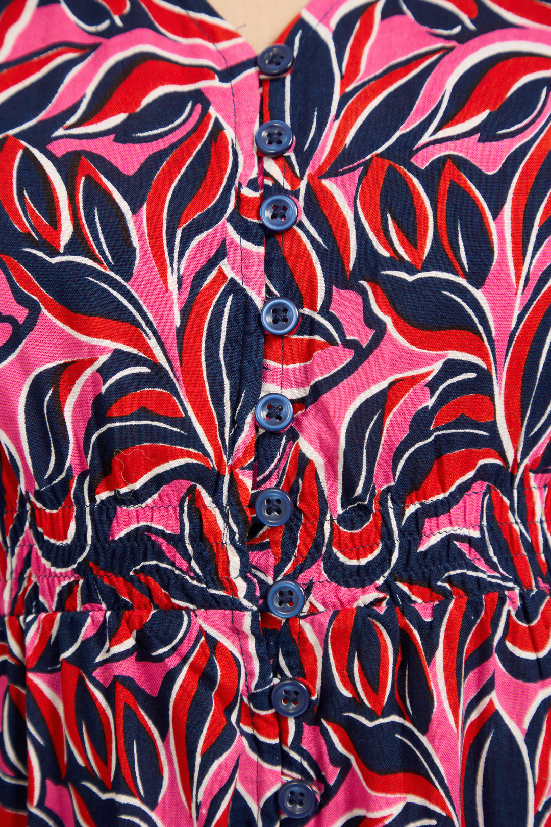 Leaf Print Flared Button-Up Midi Dress