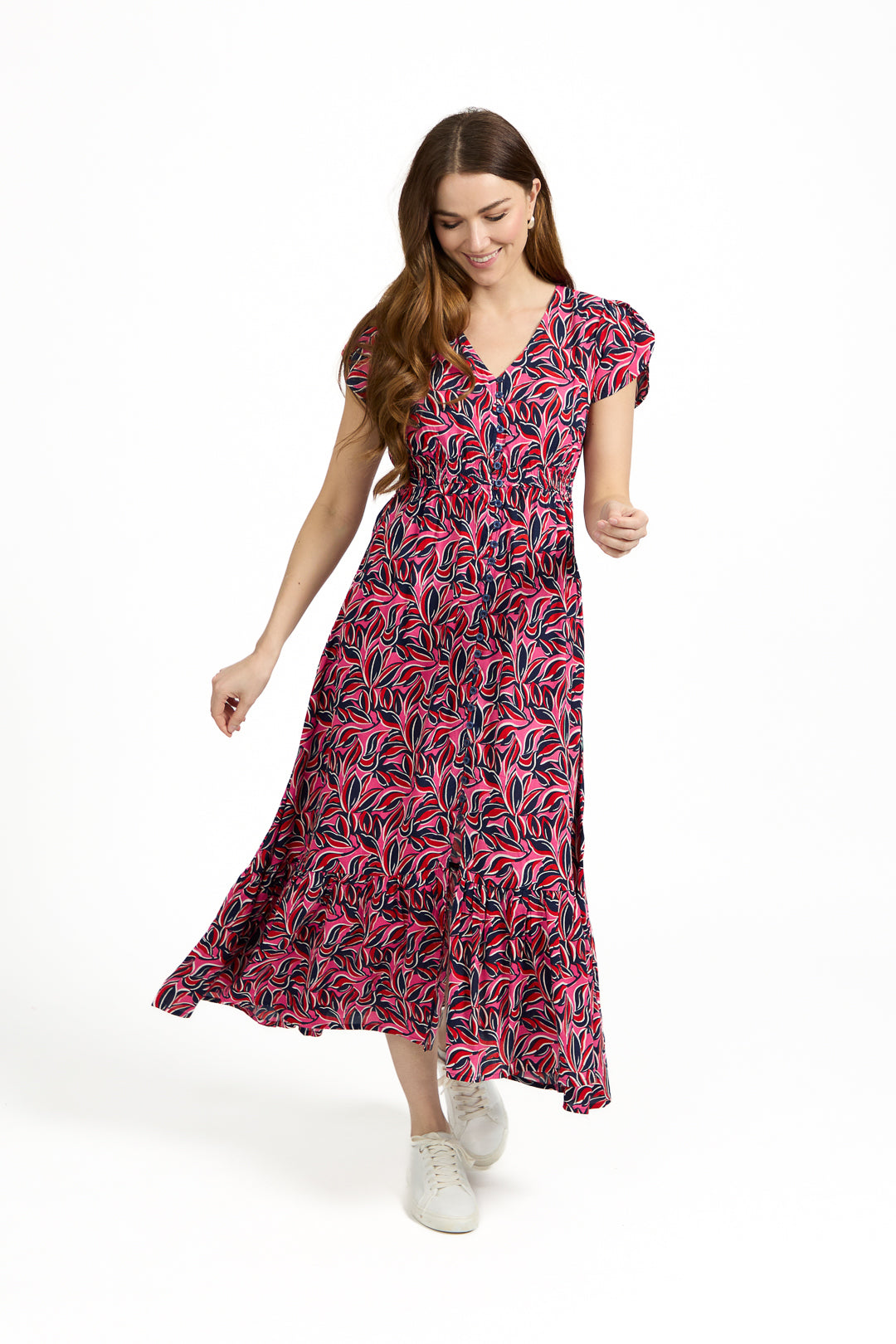 Leaf Print Flared Button-Up Midi Dress