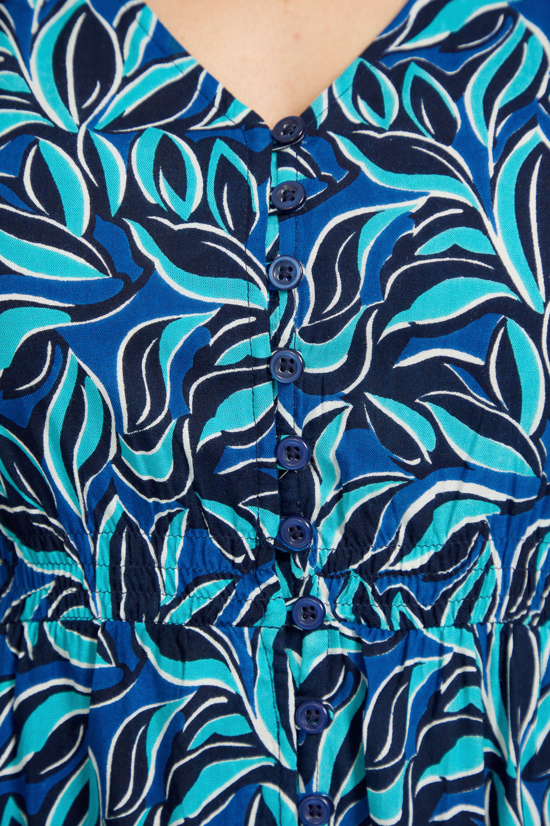 Leaf Print Flared Button-Up Midi Dress