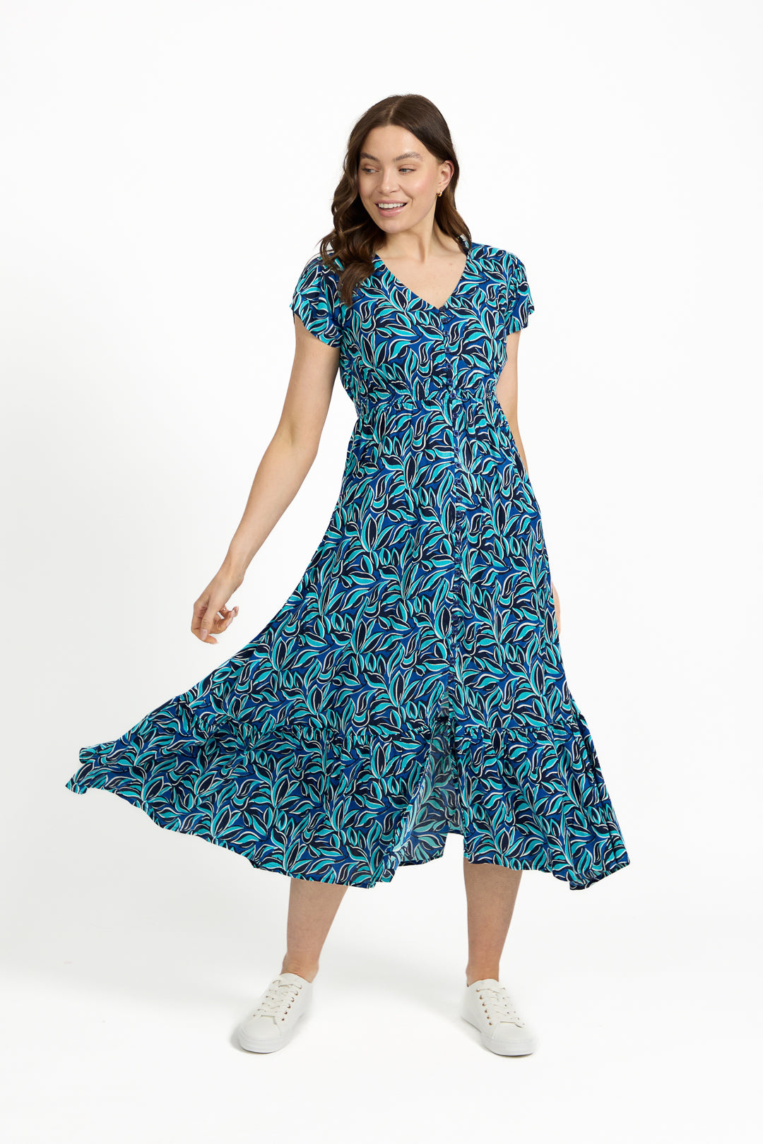 Leaf Print Flared Button-Up Midi Dress