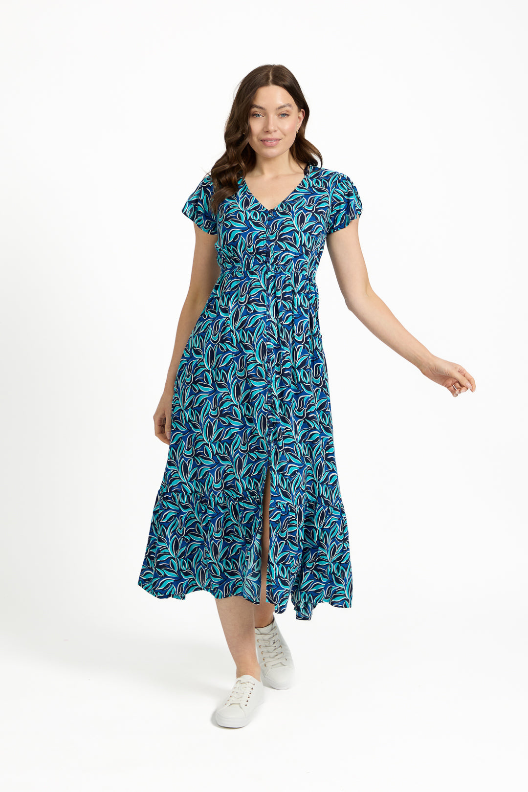Leaf Print Flared Button-Up Midi Dress