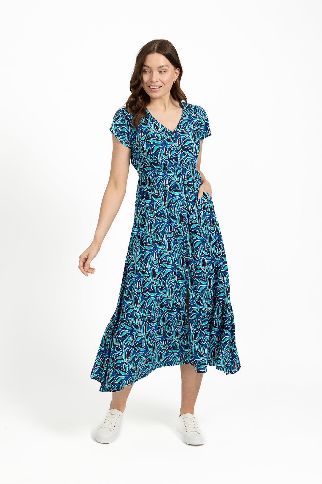 Leaf Print Flared Button-Up Midi Dress