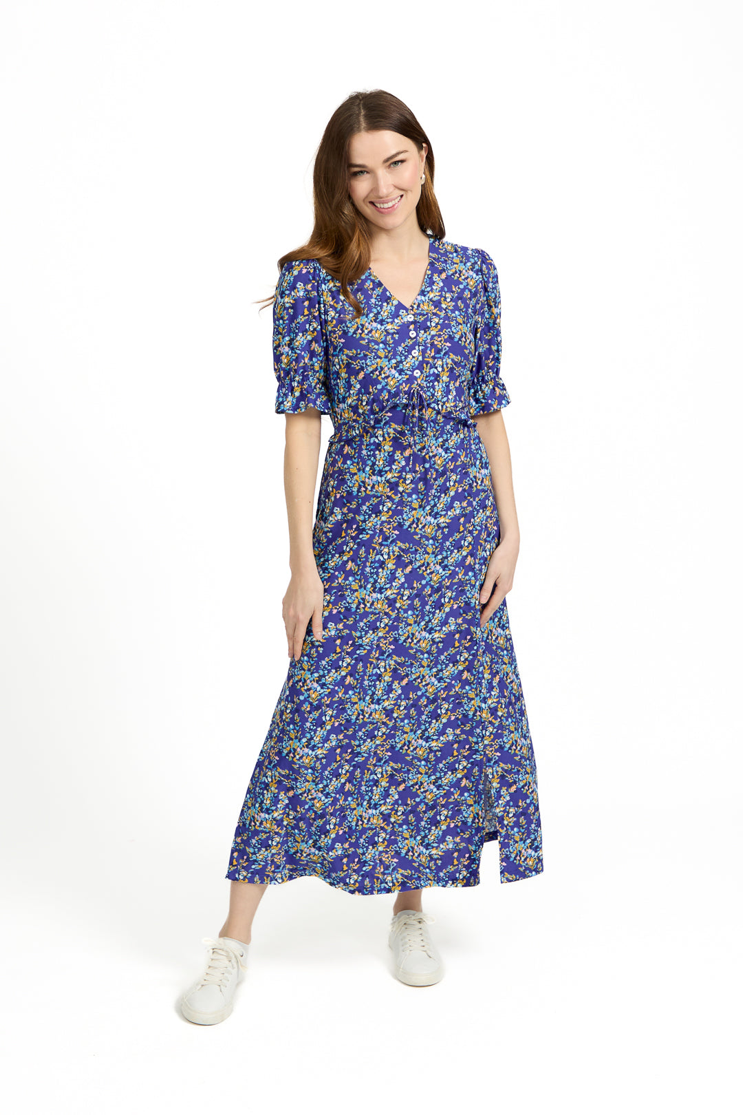 Ditsy Print Button-Up Tie-Front Midi Dress