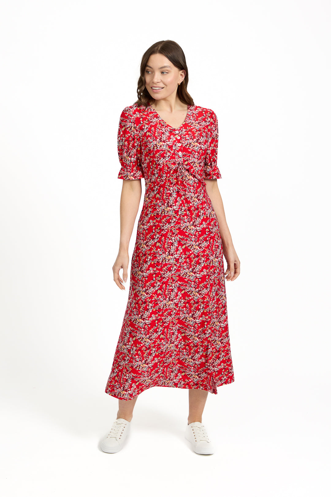 Ditsy Print Button-Up Tie-Front Midi Dress