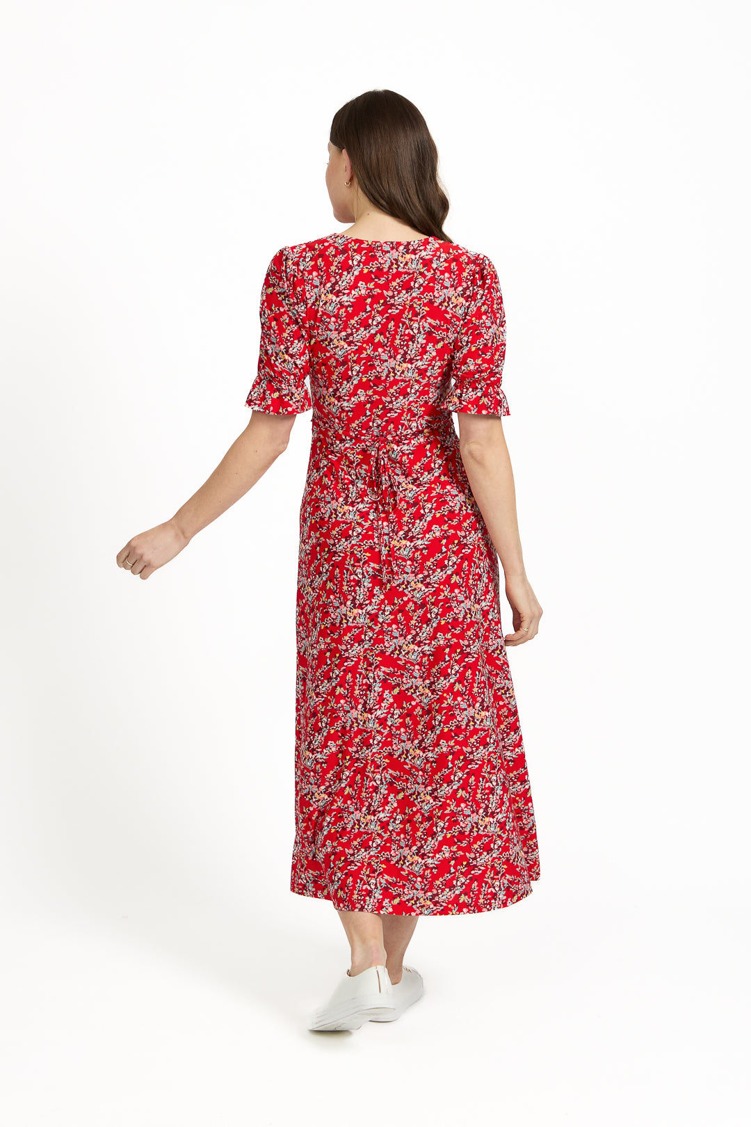Ditsy Print Button-Up Tie-Front Midi Dress
