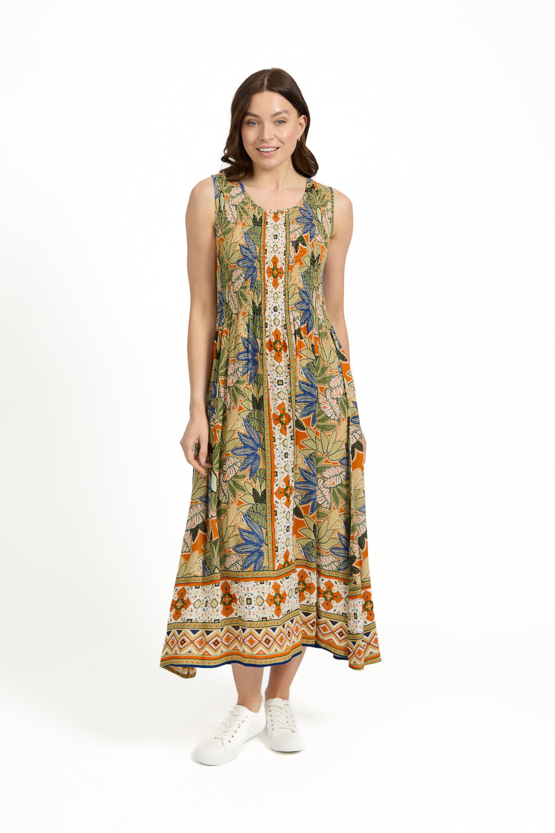 Floral Print Border Shirred Bodice Sleeveless Midi Dress