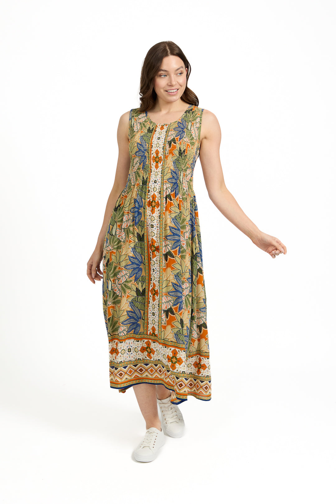 Floral Print Border Shirred Bodice Sleeveless Midi Dress