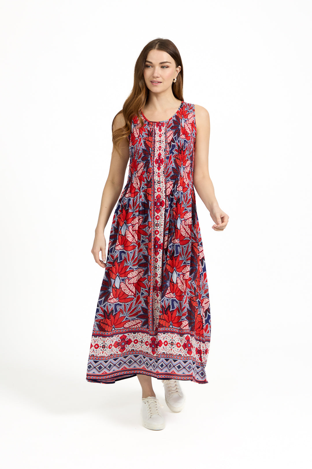 Floral Print Border Shirred Bodice Sleeveless Midi Dress