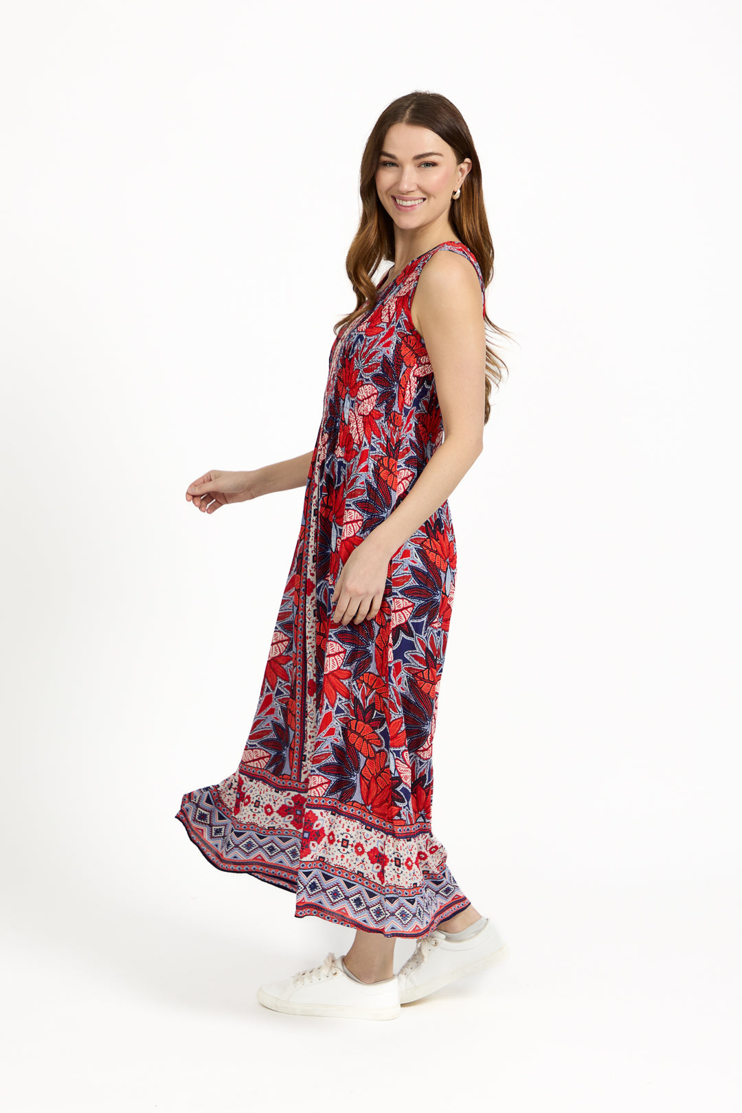 Floral Print Border Shirred Bodice Sleeveless Midi Dress
