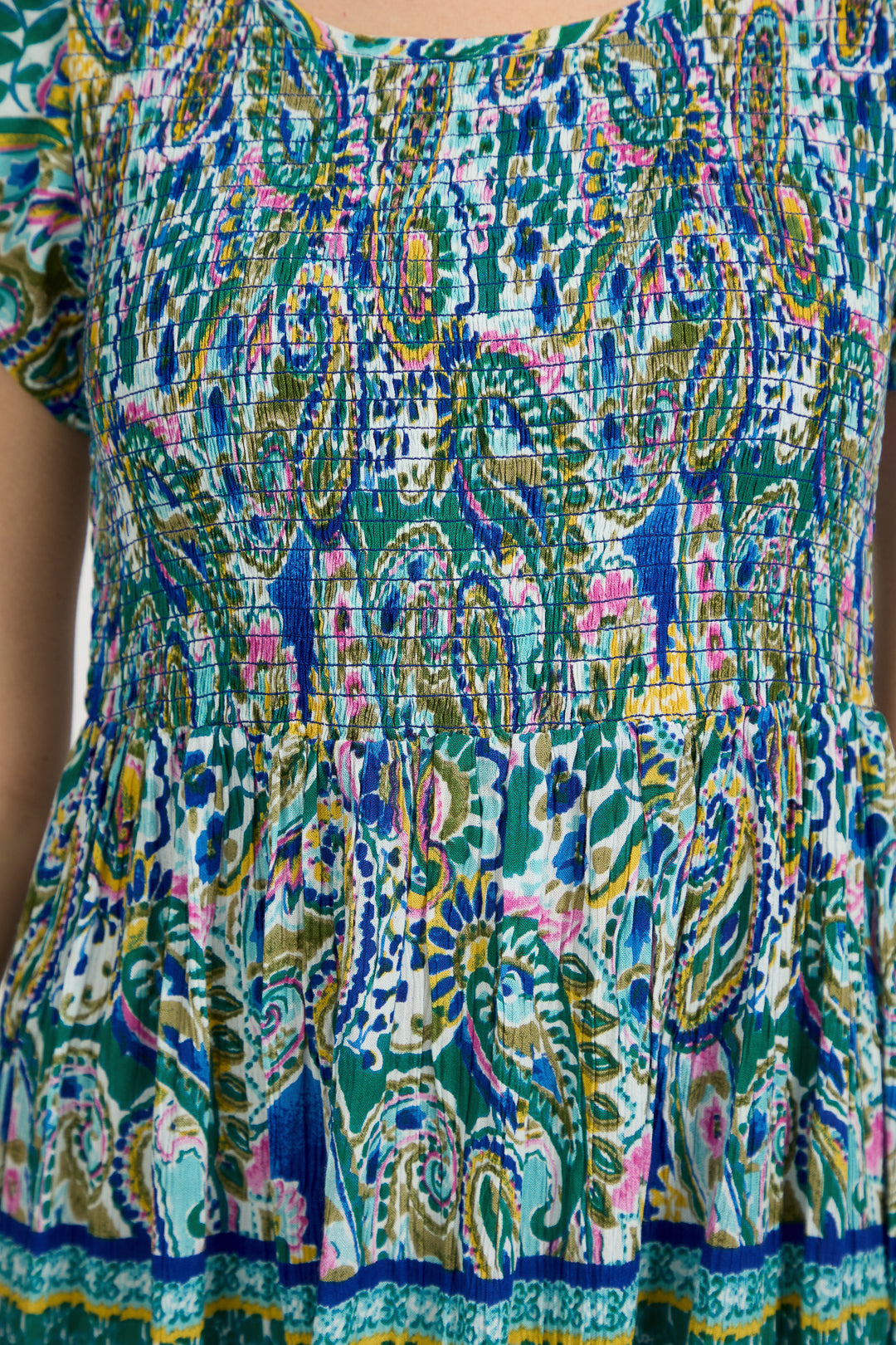 Paisley Border Print Shirred Bodice Midi Dress