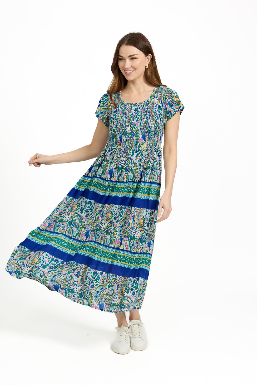 Paisley Border Print Shirred Bodice Midi Dress
