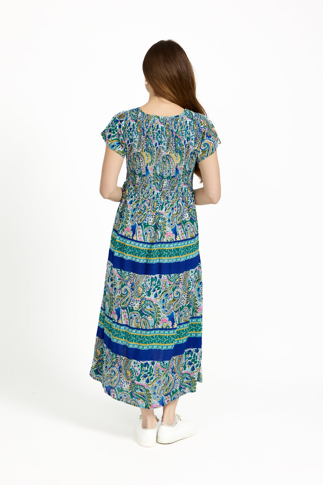 Paisley Border Print Shirred Bodice Midi Dress