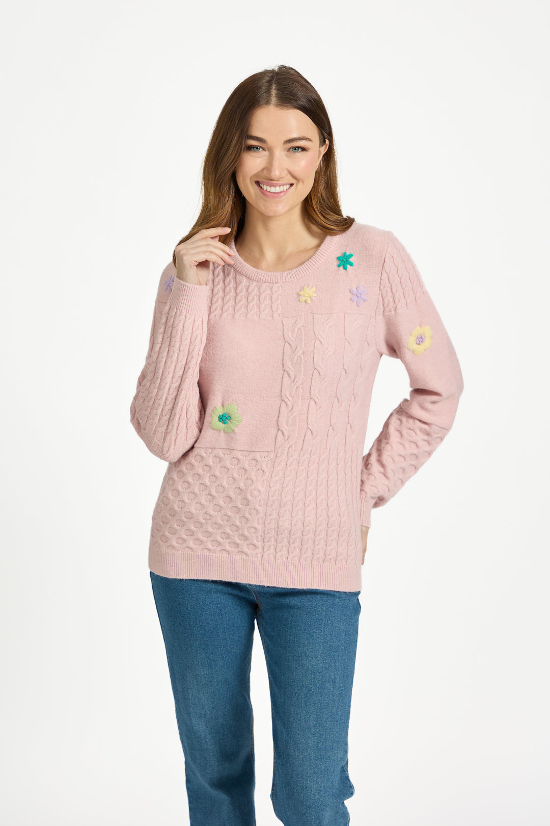 Cable Knit Flower Embroidered Jumper