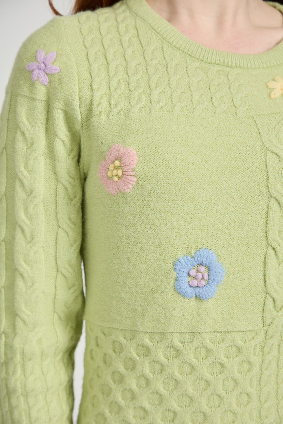 Cable Knit Flower Embroidered Jumper