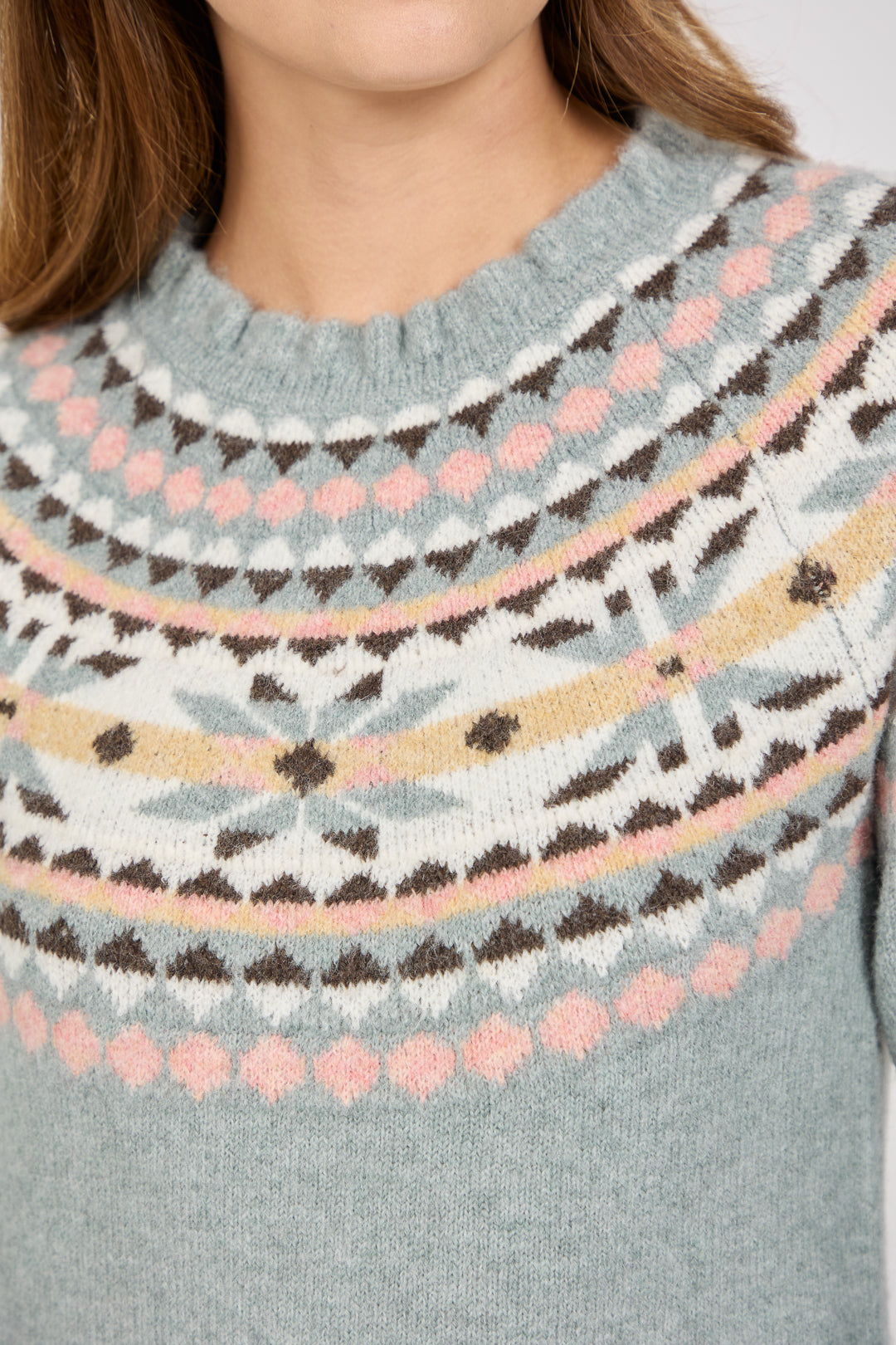 Fair Isle Yoke Crew Neck Frill Knit Jumper