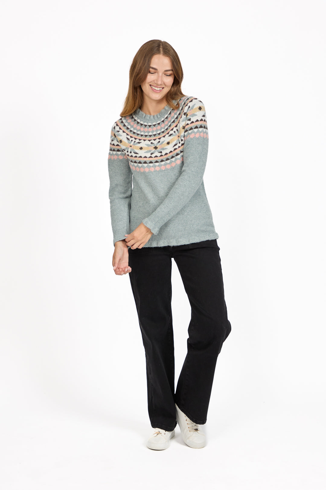 Fair Isle Yoke Crew Neck Frill Knit Jumper