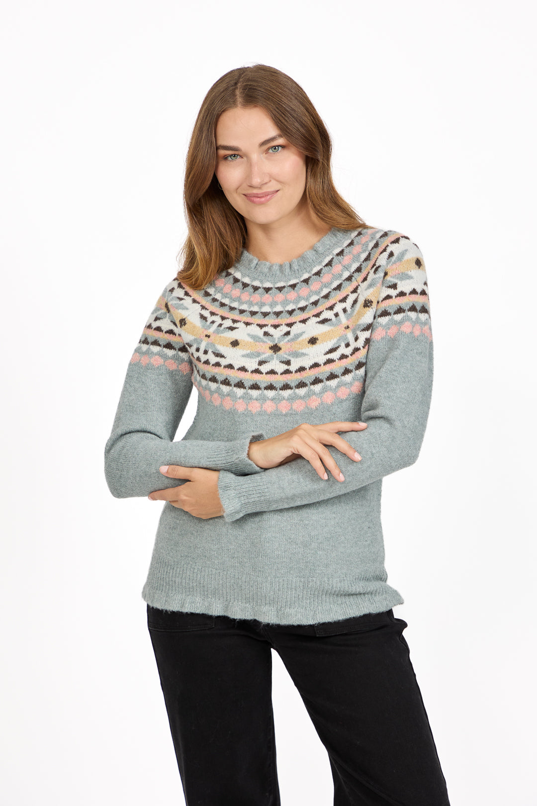 Fair Isle Yoke Crew Neck Frill Knit Jumper
