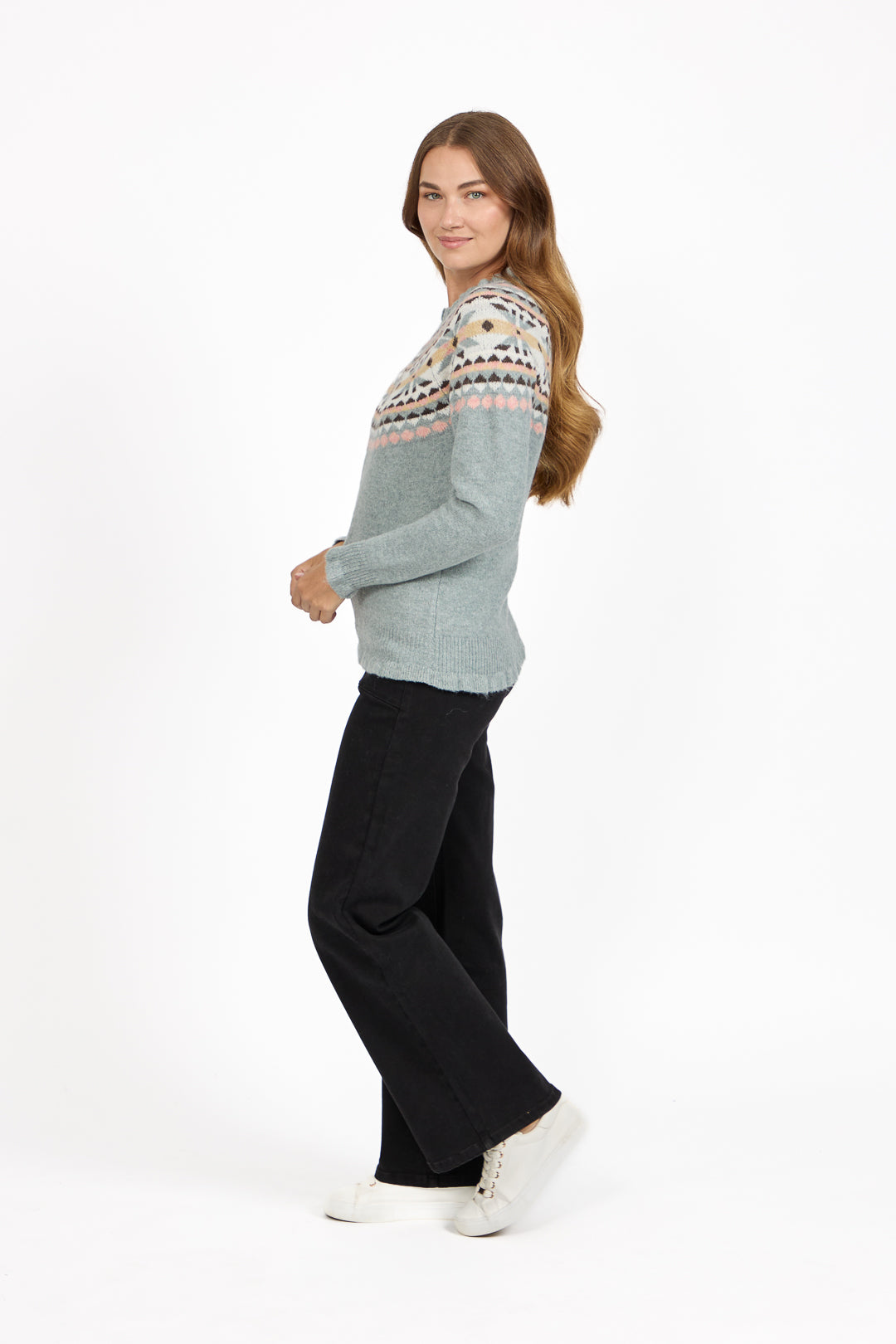 Fair Isle Yoke Crew Neck Frill Knit Jumper