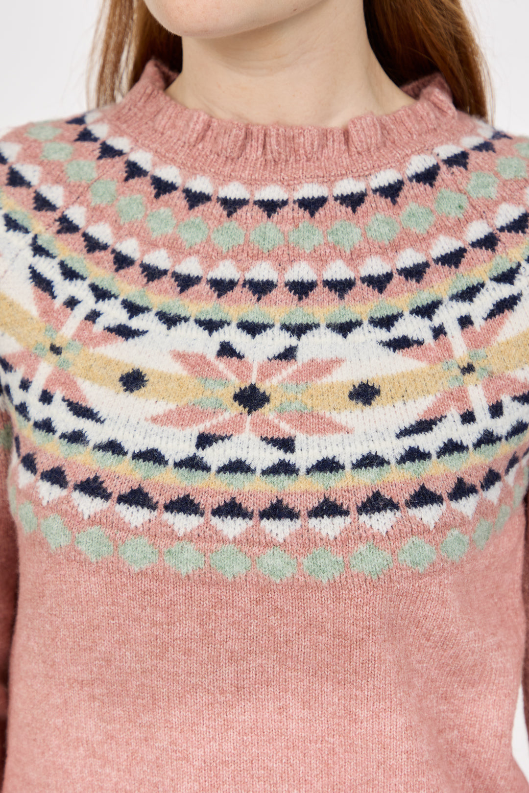 Fair Isle Yoke Crew Neck Frill Knit Jumper
