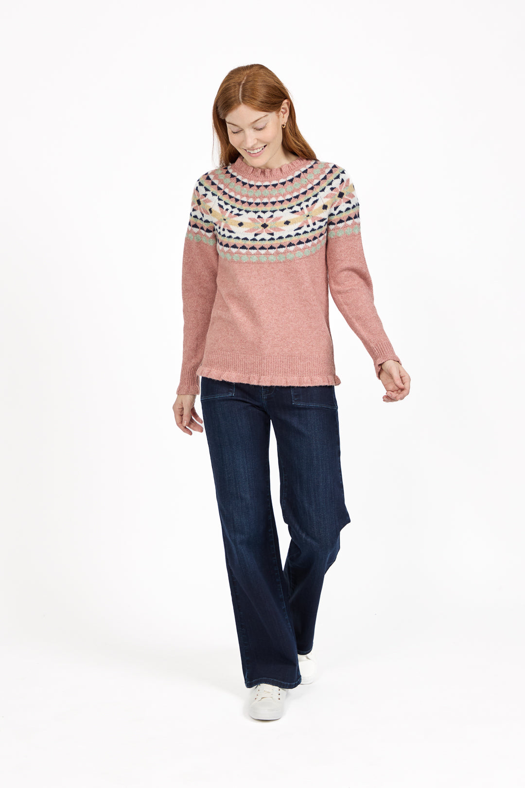 Fair Isle Yoke Crew Neck Frill Knit Jumper