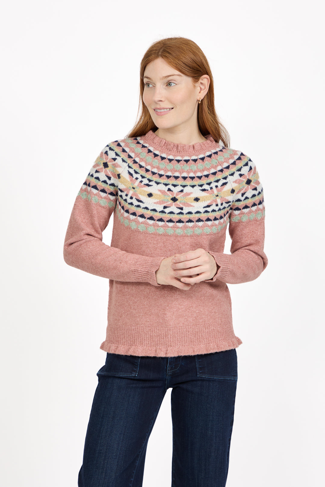 Fair Isle Yoke Crew Neck Frill Knit Jumper