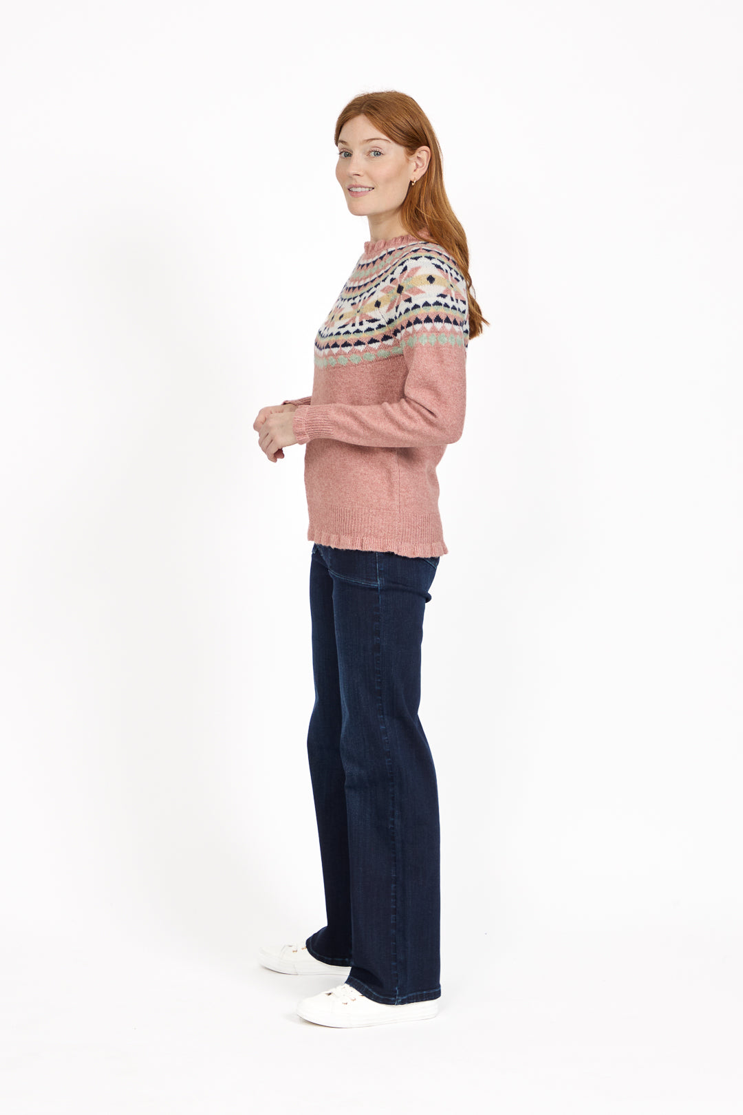 Fair Isle Yoke Crew Neck Frill Knit Jumper