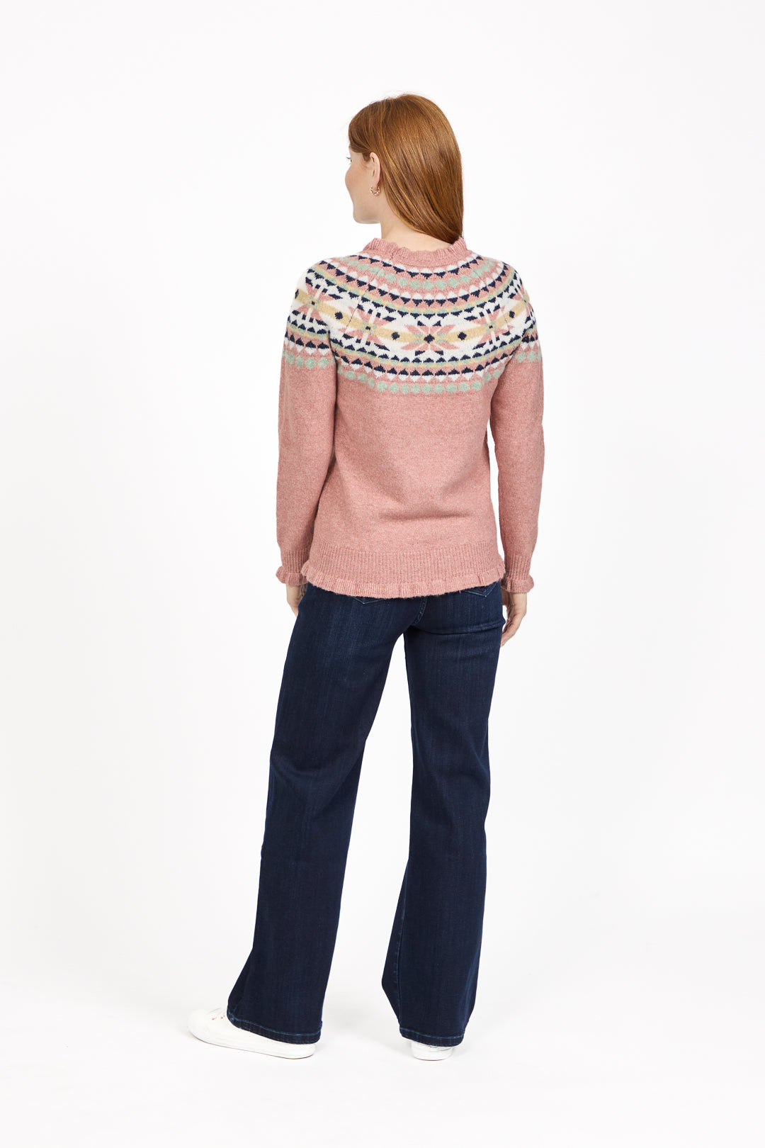 Fair Isle Yoke Crew Neck Frill Knit Jumper