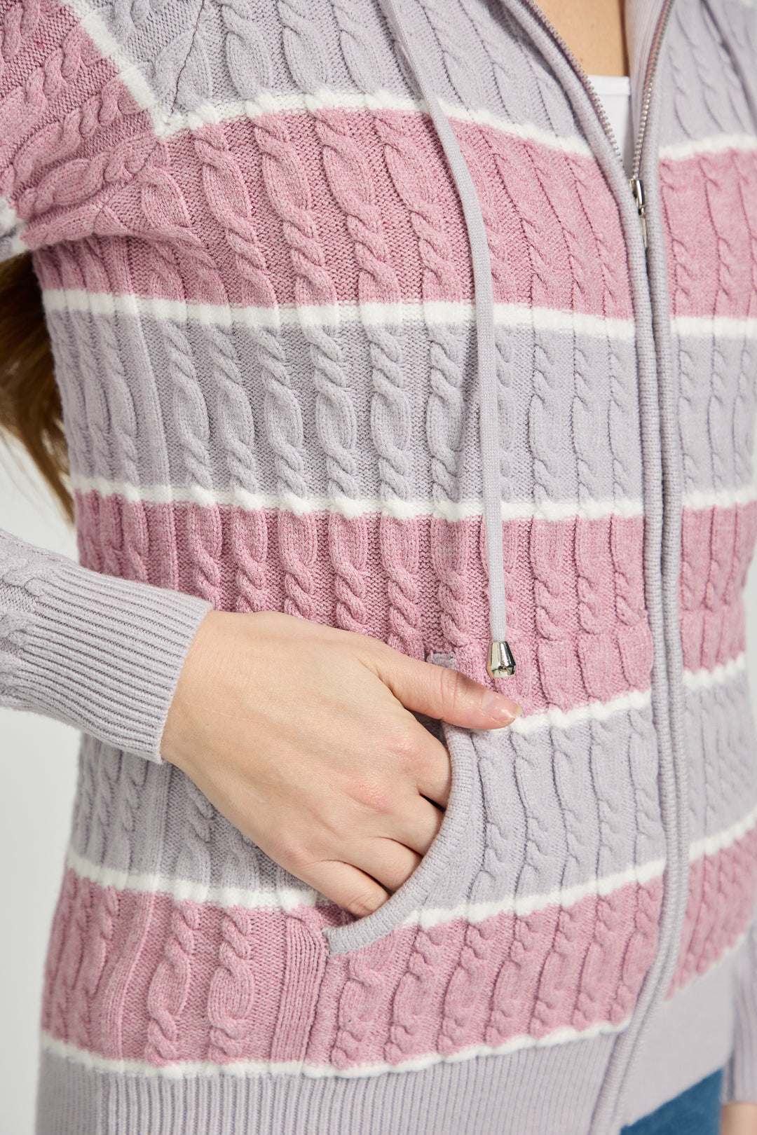 Stripe Cable-Knit Zip-Up Hooded Cardigan