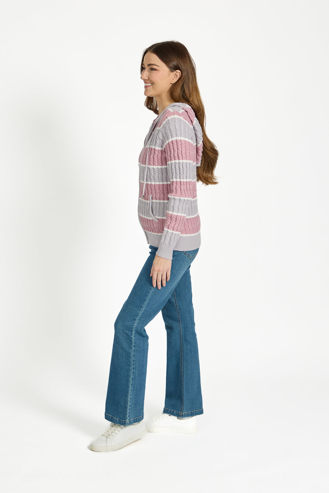 Stripe Cable-Knit Zip-Up Hooded Cardigan