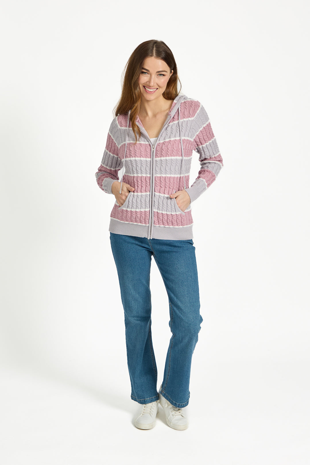 Stripe Cable-Knit Zip-Up Hooded Cardigan