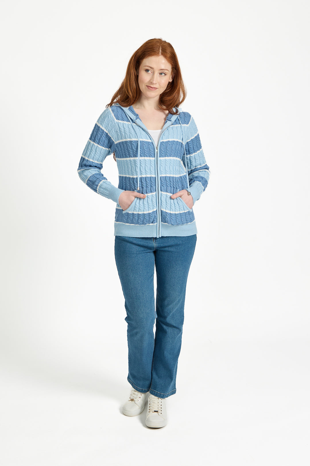 Stripe Cable-Knit Zip-Up Hooded Cardigan